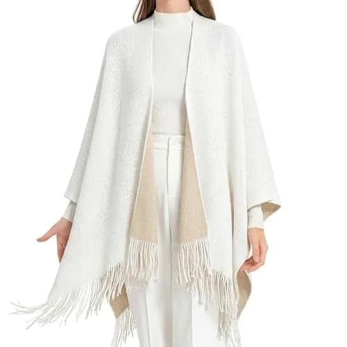 ZLYC Reversible Knit Cardigan Fringe Shawl Blanket Wrap, White | Casual, Warm, Reversible thumbnail 1