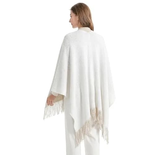 ZLYC Reversible Knit Cardigan Fringe Shawl Blanket Wrap, White | Casual, Warm, Reversible thumbnail 4