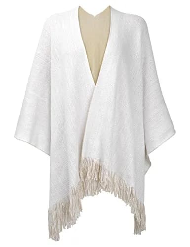 ZLYC Reversible Knit Cardigan Fringe Shawl Blanket Wrap, White | Casual, Warm, Reversible thumbnail 5