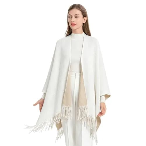 ZLYC Reversible Knit Cardigan Fringe Shawl Blanket Wrap, White | Casual, Warm, Reversible thumbnail 2