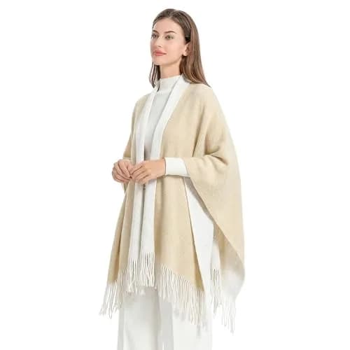 ZLYC Reversible Knit Cardigan Fringe Shawl Blanket Wrap, White | Casual, Warm, Reversible thumbnail 3