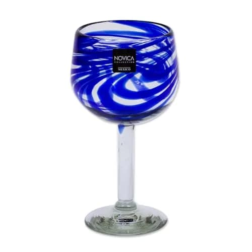NOVICA Hand Blown Blue Swirl Recycled Glass Wine Glasses,11 Oz 'Blue Ribbon' (Large, Set Of 6) | Unique Mexican Craftsmanship thumbnail 1