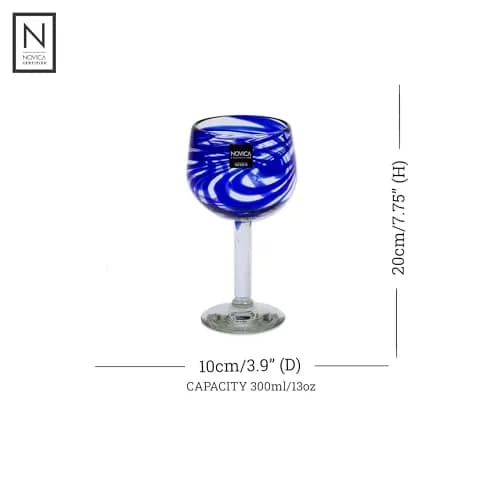 NOVICA Hand Blown Blue Swirl Recycled Glass Wine Glasses,11 Oz 'Blue Ribbon' (Large, Set Of 6) | Unique Mexican Craftsmanship thumbnail 4