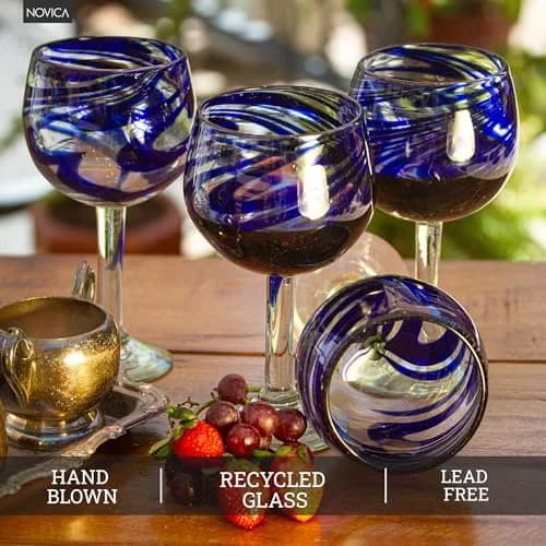 NOVICA Hand Blown Blue Swirl Recycled Glass Wine Glasses,11 Oz 'Blue Ribbon' (Large, Set Of 6) | Unique Mexican Craftsmanship thumbnail 5