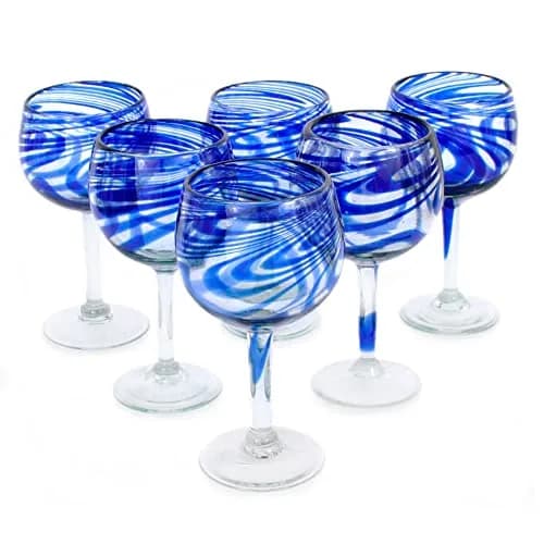 NOVICA Hand Blown Blue Swirl Recycled Glass Wine Glasses,11 Oz 'Blue Ribbon' (Large, Set Of 6) | Unique Mexican Craftsmanship thumbnail 6