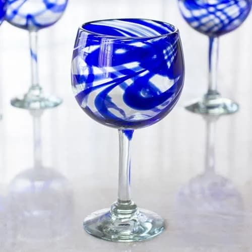 NOVICA Hand Blown Blue Swirl Recycled Glass Wine Glasses,11 Oz 'Blue Ribbon' (Large, Set Of 6) | Unique Mexican Craftsmanship thumbnail 7