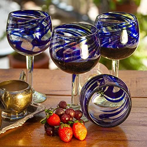 NOVICA Hand Blown Blue Swirl Recycled Glass Wine Glasses,11 Oz 'Blue Ribbon' (Large, Set Of 6) | Unique Mexican Craftsmanship thumbnail 2