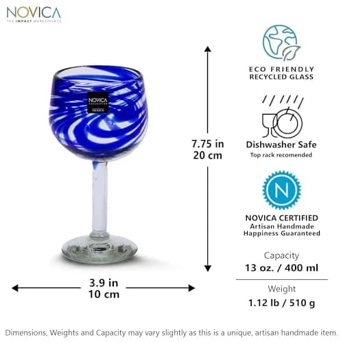 NOVICA Hand Blown Blue Swirl Recycled Glass Wine Glasses,11 Oz 'Blue Ribbon' (Large, Set Of 6) | Unique Mexican Craftsmanship thumbnail 3