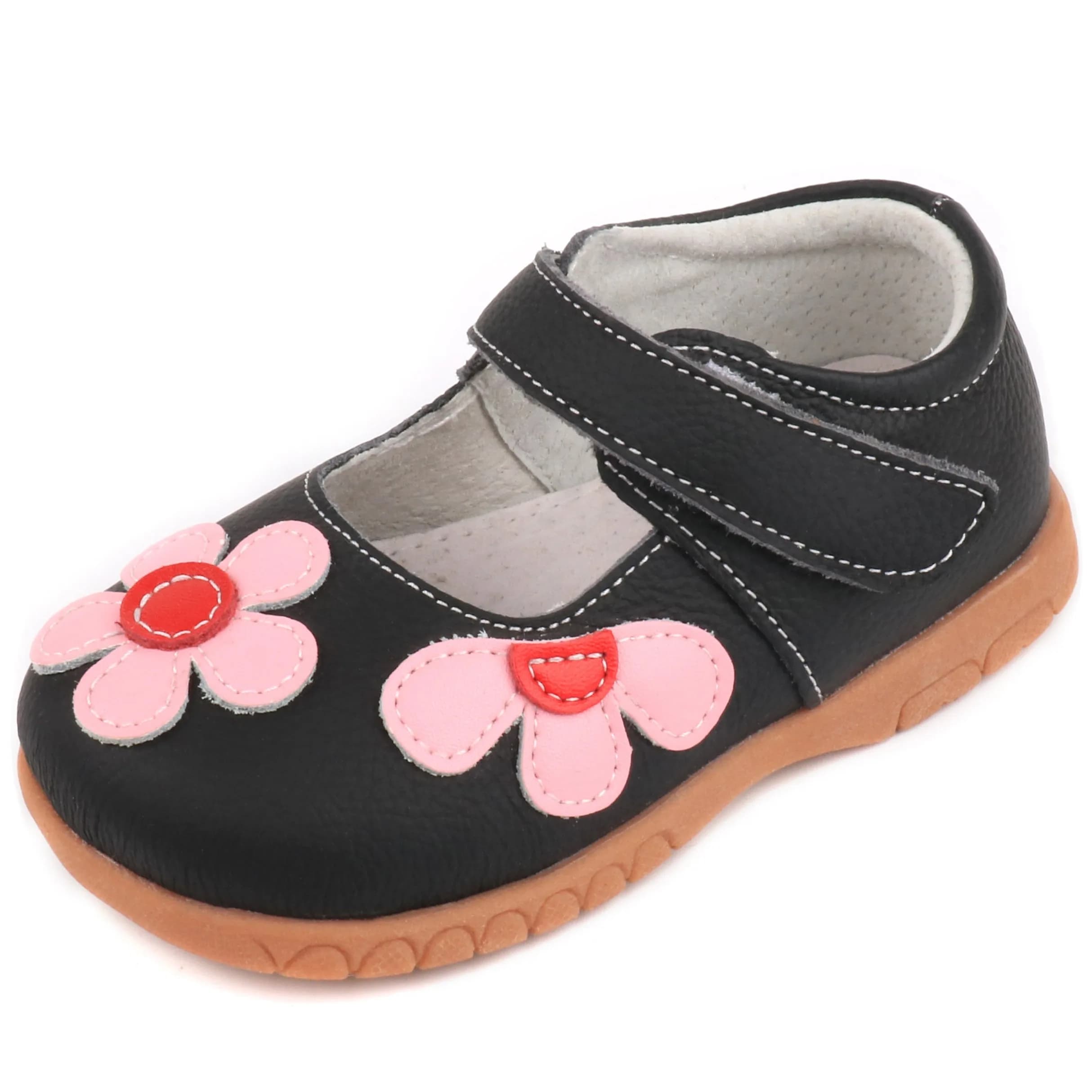 Femizee Girls Leather Mary Jane Flats Shoes for Toddler Girls | Soft Genuine Leather, Hook & Loop Closure, Black, 1529 CN22