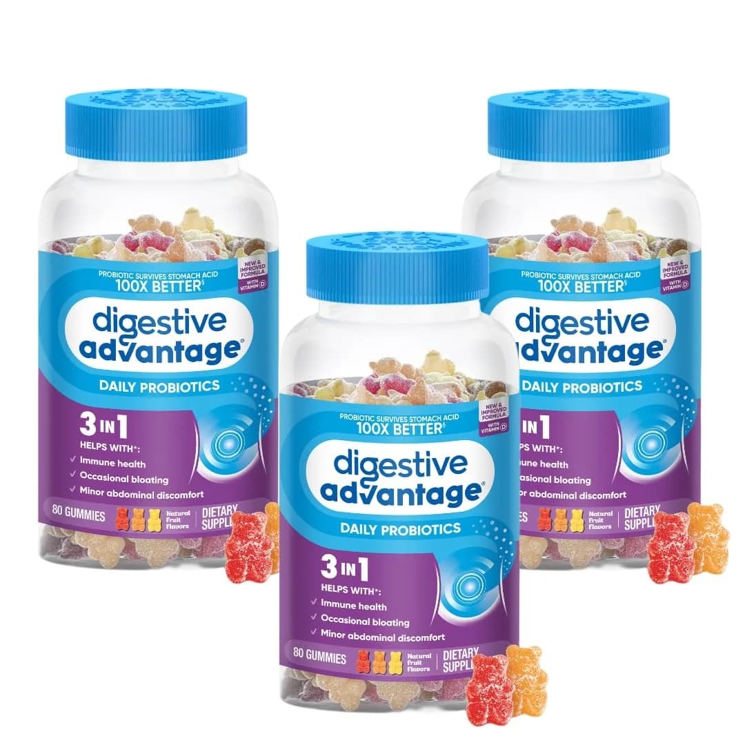 Digestive Advantage Daily Probiotic Gummies for Digestive & Immune Support | Natural Fruit Flavor (80ct) Pack of 3 — Gummy