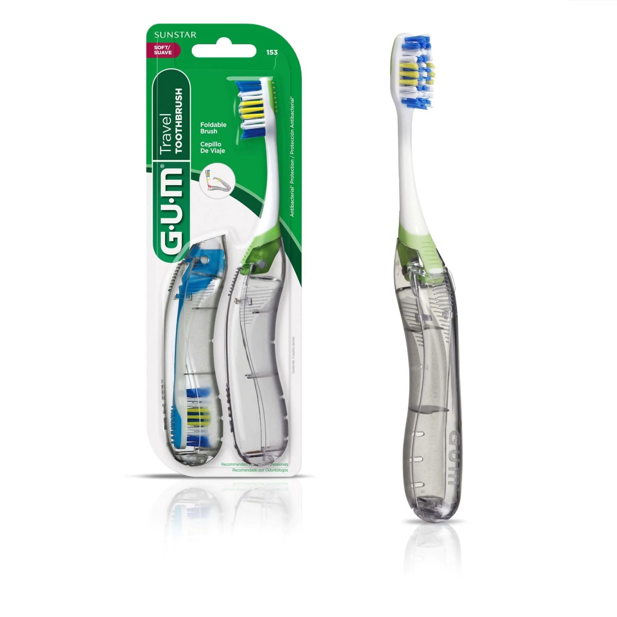 GUM Folding Travel Toothbrush with Tongue Scraper, Soft Bristles, 2 Count (Pack of 1) | Hygienic & Compact for On-the-Go - main product image
