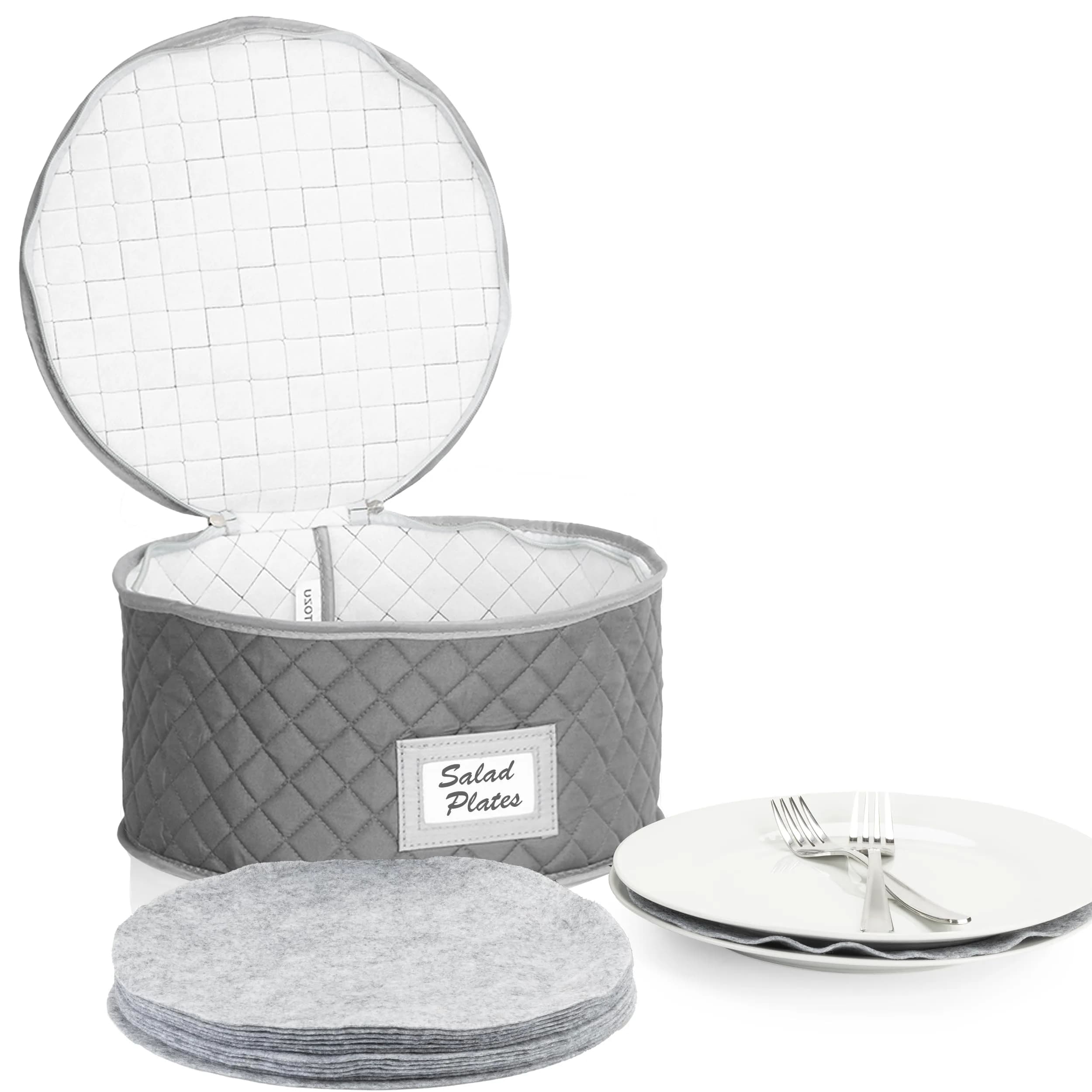 Stack Store Plus More Gray Salad Plate Storage Quilted Case | 12 Felt Dividers & Stackable Design