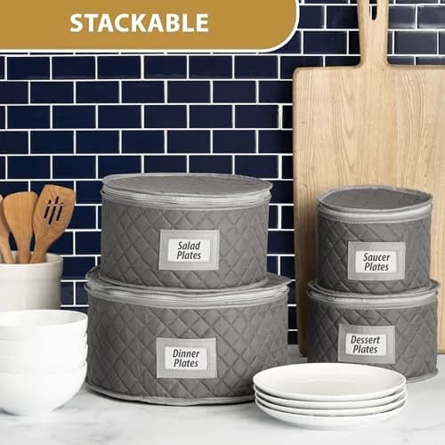 Stack Store Plus More Gray Salad Plate Storage Quilted Case | 12 Felt Dividers & Stackable Design thumbnail 4