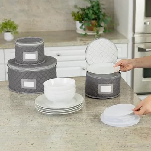 Stack Store Plus More Gray Salad Plate Storage Quilted Case | 12 Felt Dividers & Stackable Design thumbnail 5