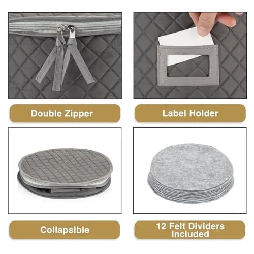 Stack Store Plus More Gray Salad Plate Storage Quilted Case | 12 Felt Dividers & Stackable Design thumbnail 3