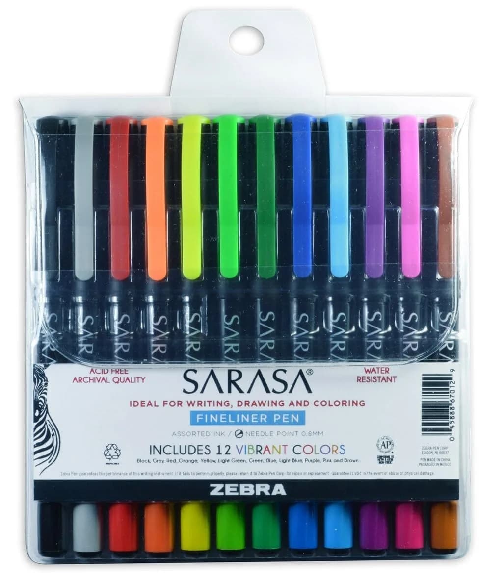 Zebra Pen SARASA Fineliner Pen, Assorted Ink, 0.8mm, 12-Pack | Smooth Ink Flow for Students & Professionals - main product image