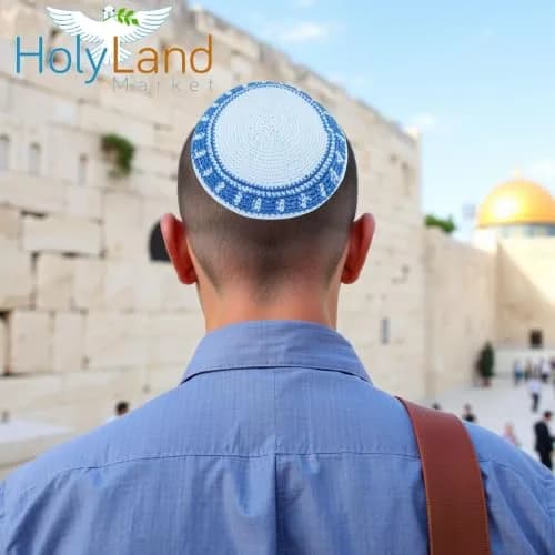 Holy Land Market Men's White/Sky Blue Cotton Knitted Jewish Kippah Hat - Torah Chabad Cap | 17cm Adjustable Breathable Cotton thumbnail 2
