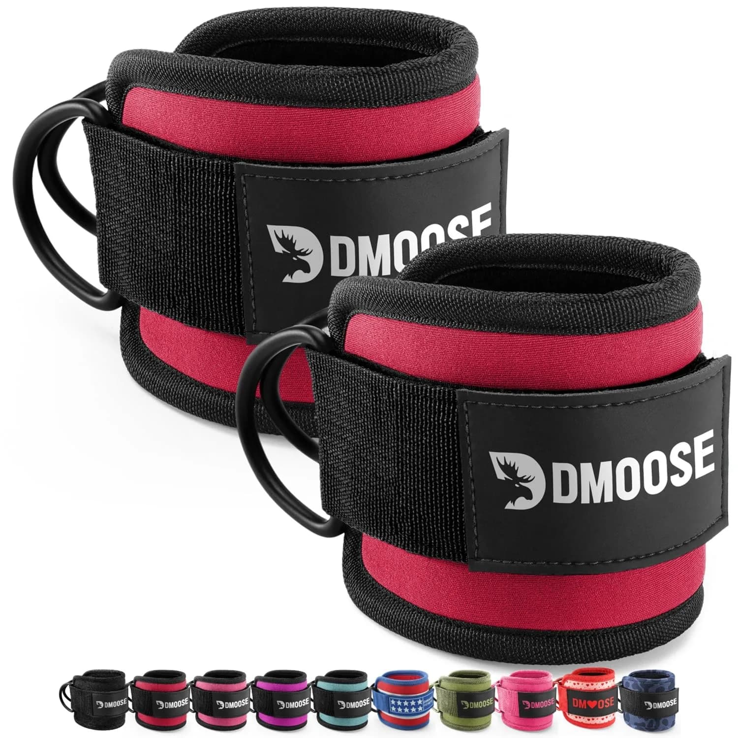 DMoose Ankle Strap for Cable Machine - One Size Fit with Premium Padding, Workout Kickback Ankle Cuffs, Ankle Bands for Lower Body Exercises — Red - Pair