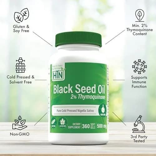 Health Thru Nutrition Black Seed Oil 500mg | High Potency 2% Thymoquinone | 360 Softgels | Unflavored thumbnail 4