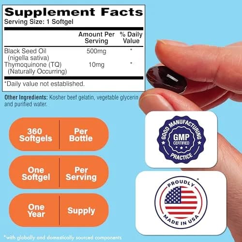 Health Thru Nutrition Black Seed Oil 500mg | High Potency 2% Thymoquinone | 360 Softgels | Unflavored thumbnail 2