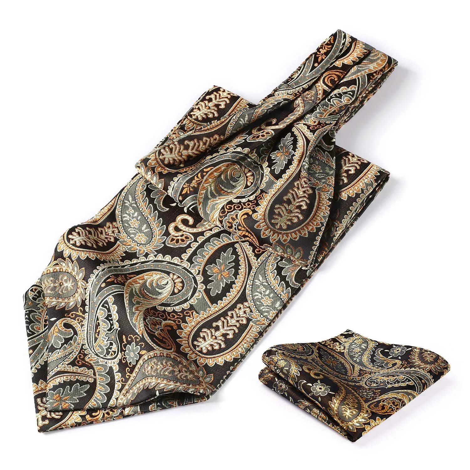 HISDERN Men's Cravat Ascot Tie & Pocket Square Set Burgundy Polka Dot 126cm (49.6") | Jacquard Woven Silk Blend — A-02 Gold Paisely