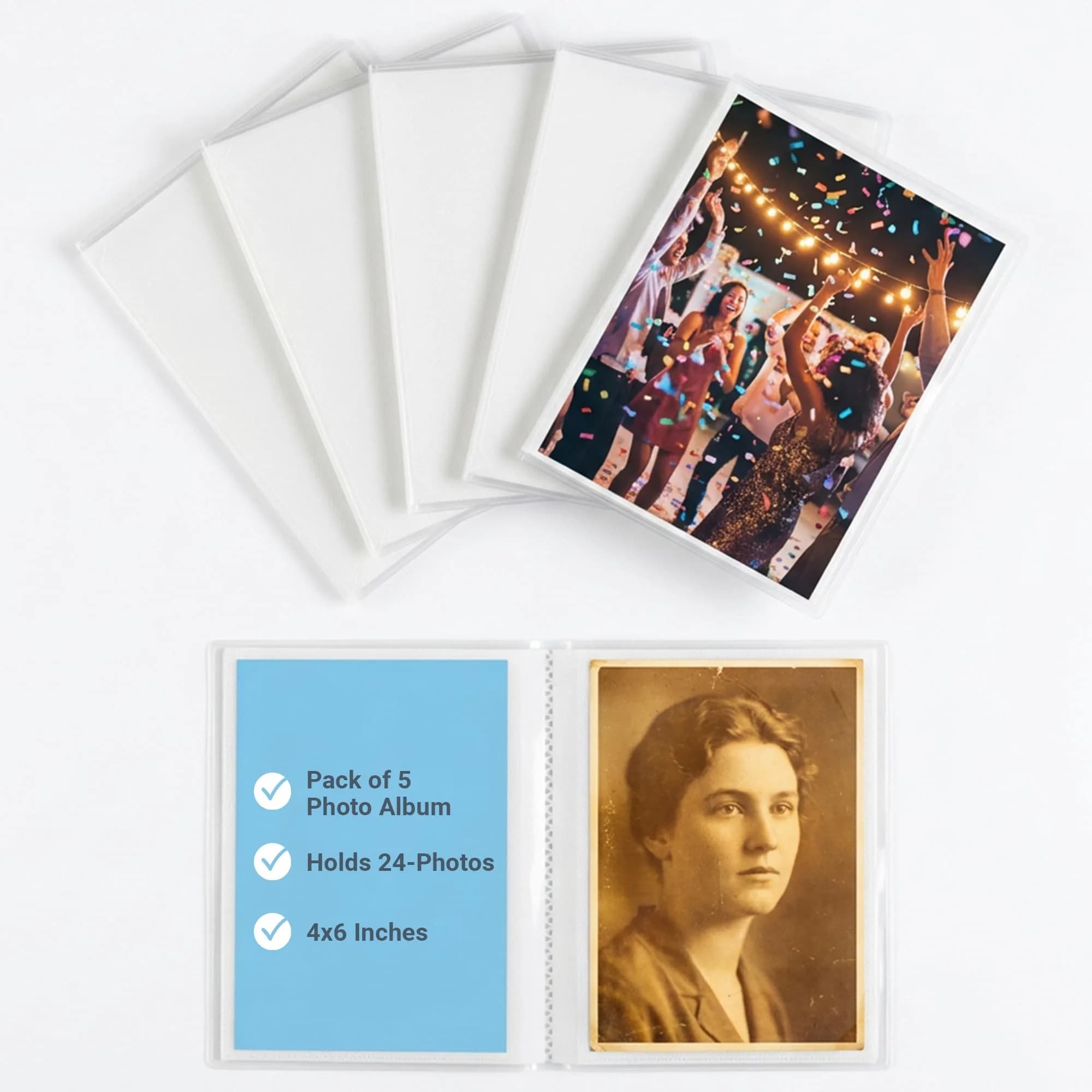 Iconikal 5 Pack, 4x6 Inch Photo Albums with Clear Cover | Holds 24 Photos, Durable & Compact (70-120 chars) — 4 x 6 inches