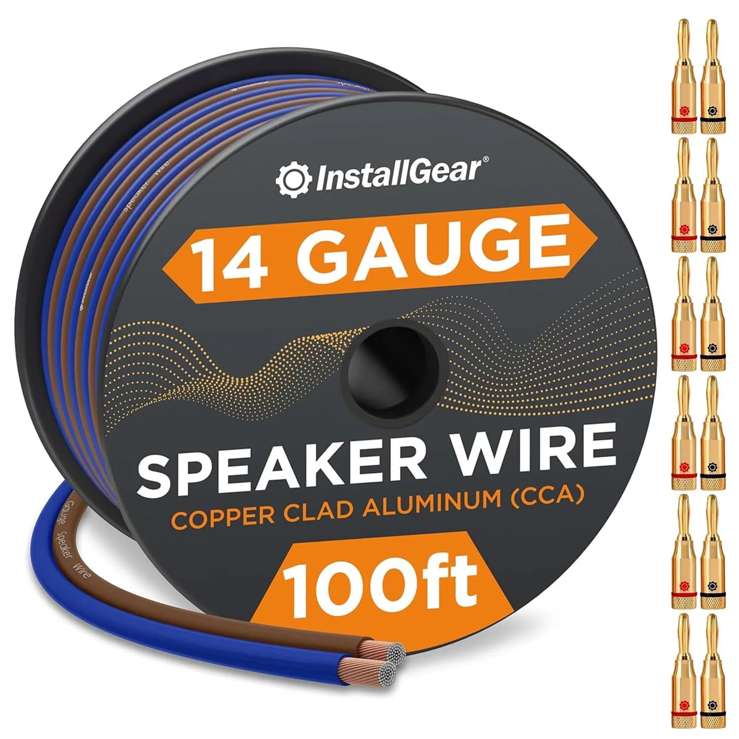 InstallGear 100ft 14 Gauge Speaker Wire with 12 Banana Plugs | Copper Clad Aluminum for Clear Sound — Blue/Black