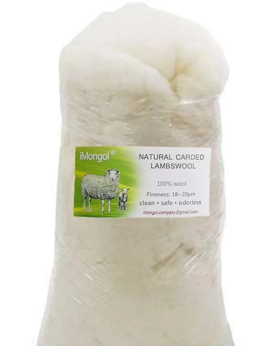 iMongol Carded Lambs Wool Stuffing Batting for Needle Felting, Knitted Crafts, Bright Creations, Pillow Filler, Stuffed Animals, Cushions, Super Clean Fine, Natural White (2oz) | Organic, Fine Wool for Art & Craft
