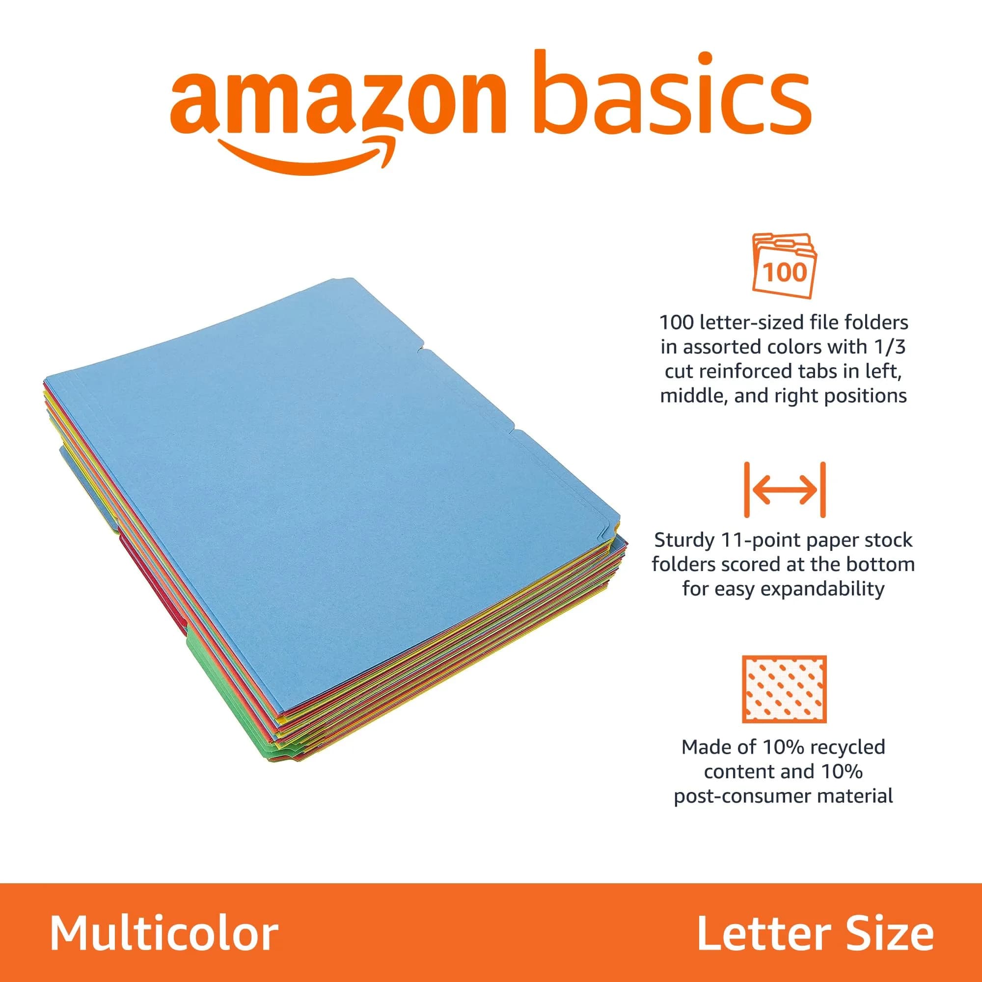 Amazon Basics Sturdy File Folders with Tabs, Letter Size, Assorted Colors, 100-Pack | Bulk Pack for Office & School - view 2