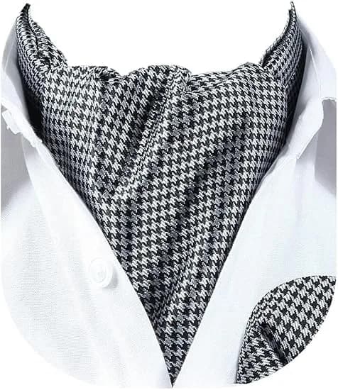 HISDERN Black White Checkered Ascot Tie and Pocket Square Set | 126cm (49.6") x 15.5cm (6.1") - main product image