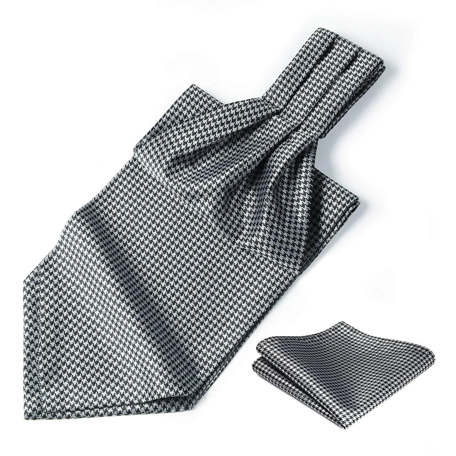 HISDERN Black White Checkered Ascot Tie and Pocket Square Set | 126cm (49.6") x 15.5cm (6.1") - view 5