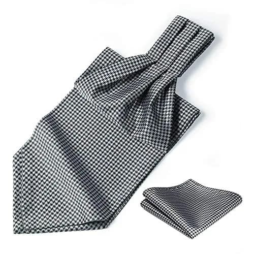 HISDERN Black White Checkered Ascot Tie and Pocket Square Set | 126cm (49.6") x 15.5cm (6.1") thumbnail 5