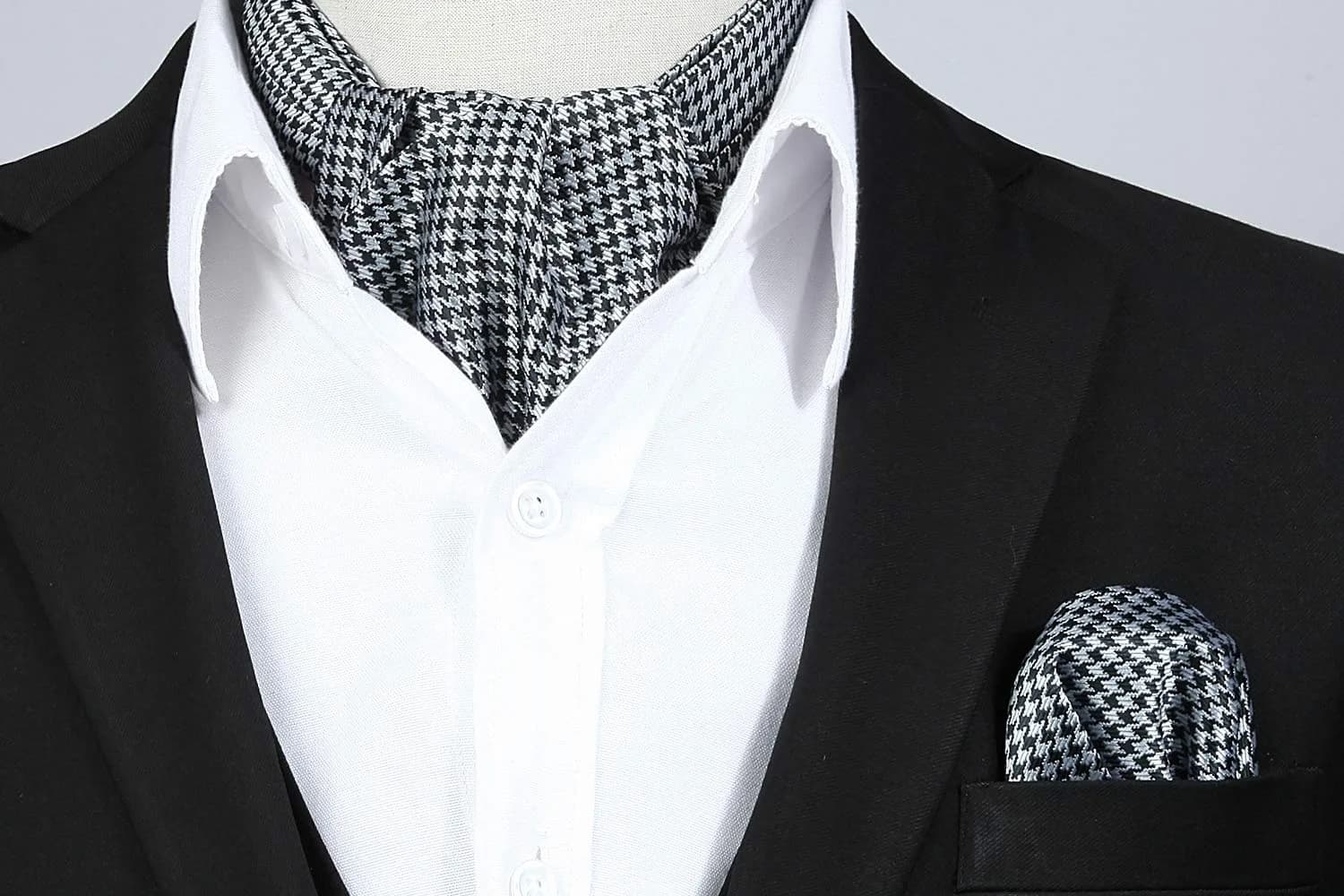 HISDERN Black White Checkered Ascot Tie and Pocket Square Set | 126cm (49.6") x 15.5cm (6.1") - view 2