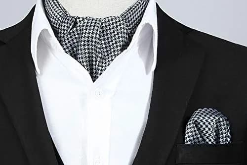 HISDERN Black White Checkered Ascot Tie and Pocket Square Set | 126cm (49.6") x 15.5cm (6.1") thumbnail 2