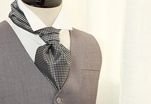 HISDERN Black White Checkered Ascot Tie and Pocket Square Set | 126cm (49.6") x 15.5cm (6.1") thumbnail 3