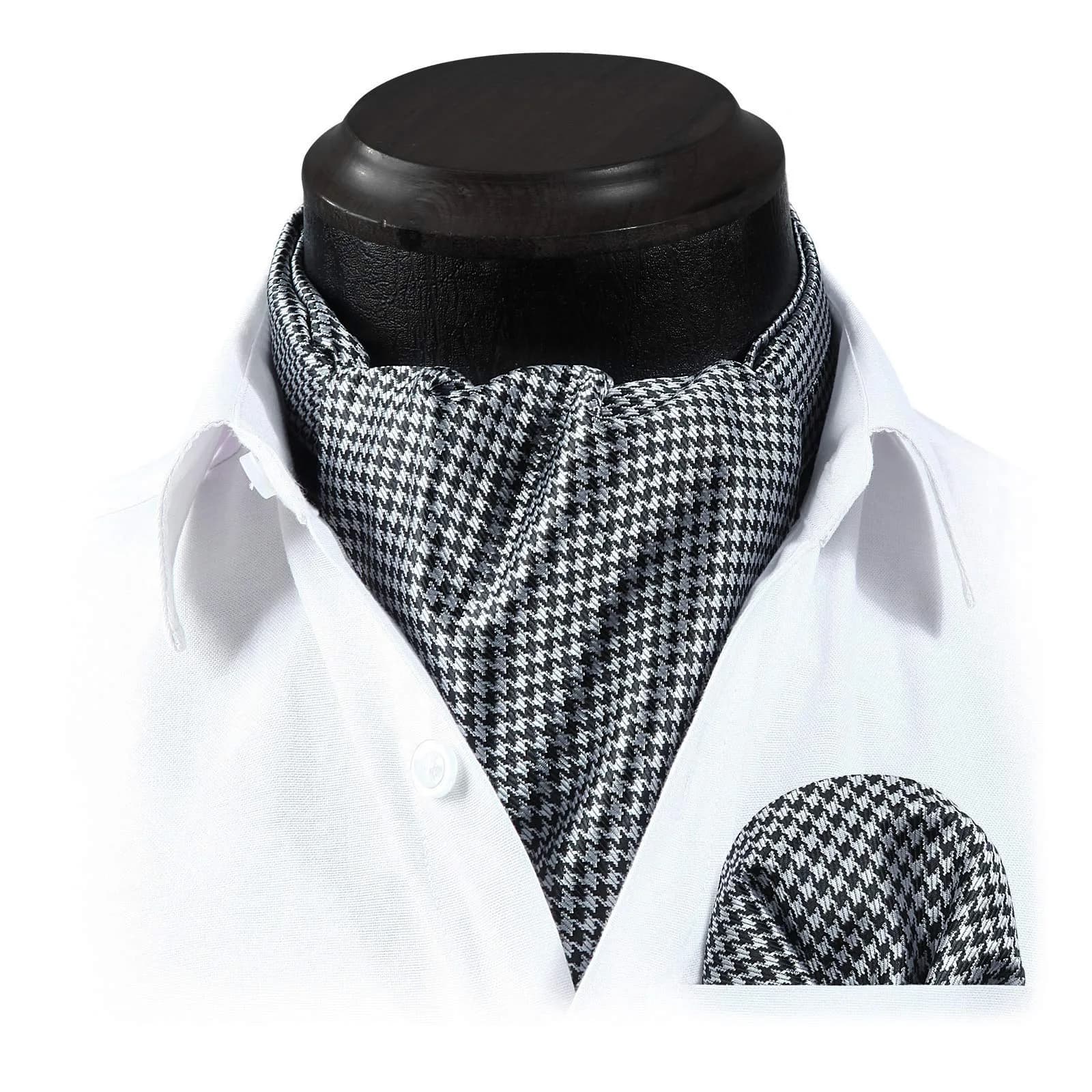 HISDERN Black White Checkered Ascot Tie and Pocket Square Set | 126cm (49.6") x 15.5cm (6.1") - view 4
