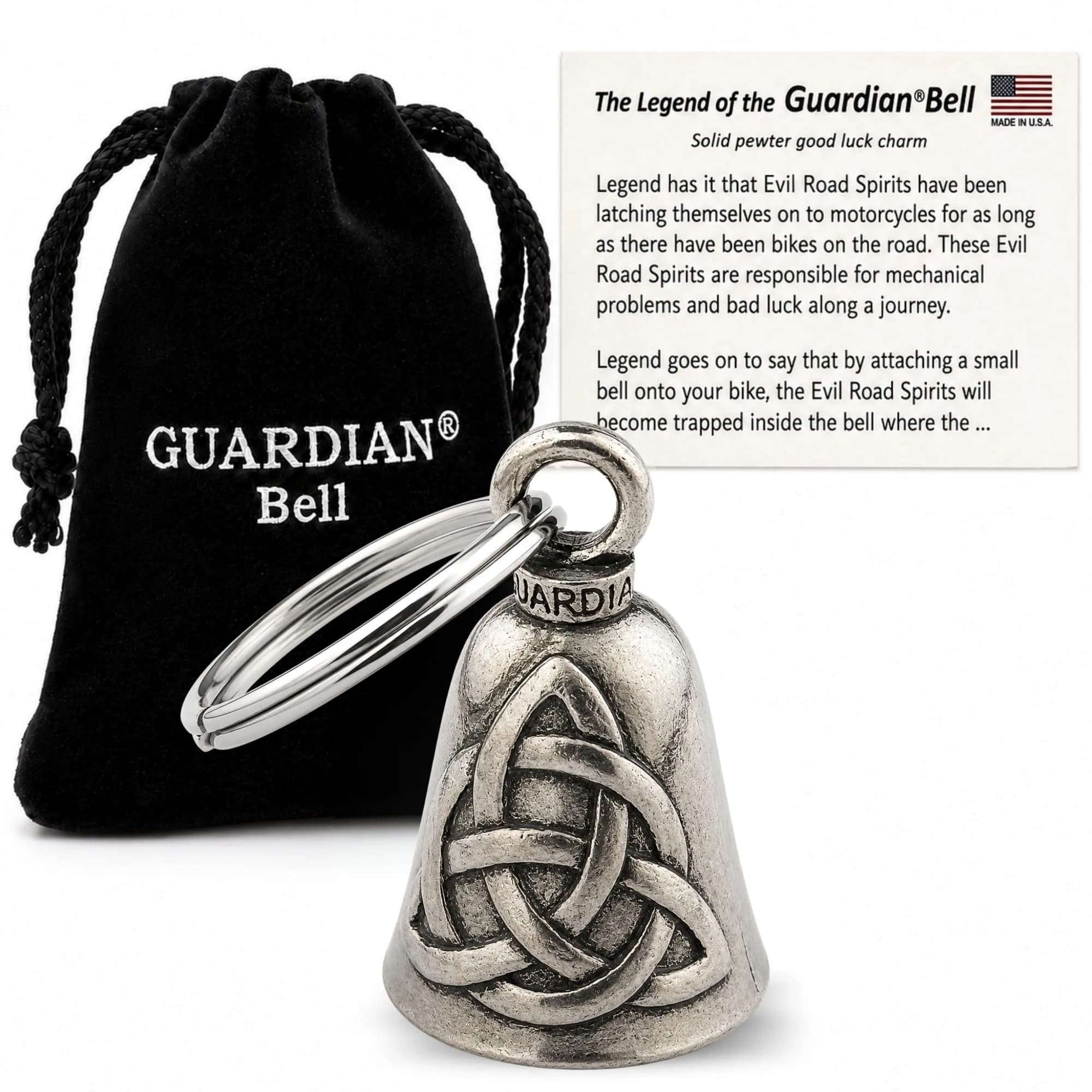 Guardian Bell Trinity Knot Triquetra Good Luck Bell w/Keyring & Black Velvet Gift Bag | Motorcycle Bell | Lead-Free Pewter | Made in USA — Trinity Knot
