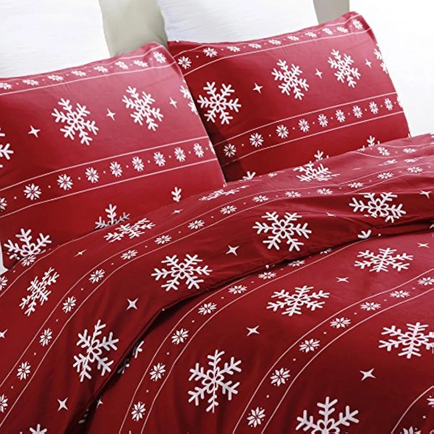 Vaulia Microfiber Duvet Cover Set Twin, Red Snowflake | Festive Bedding with Hidden Zipper — Red/White Snowflake