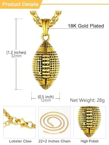 U7 Gold Rugby Ball Necklace for Men Soccer Pendant Chain Sport Charm Necklaces Stainless Steel Trendy Sport Fan Necklaces thumbnail 4