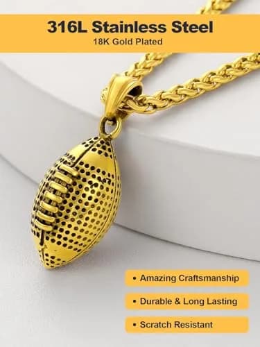 U7 Gold Rugby Ball Necklace for Men Soccer Pendant Chain Sport Charm Necklaces Stainless Steel Trendy Sport Fan Necklaces thumbnail 5