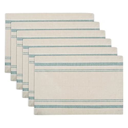 DII French Stripe Farmhouse Style Placemat Set 13x19 Inches Taupe/Teal | Set of 6 Cotton Placemats thumbnail 1