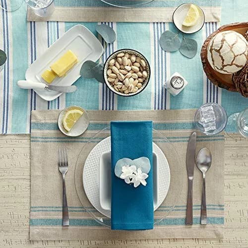 DII French Stripe Farmhouse Style Placemat Set 13x19 Inches Taupe/Teal | Set of 6 Cotton Placemats thumbnail 4