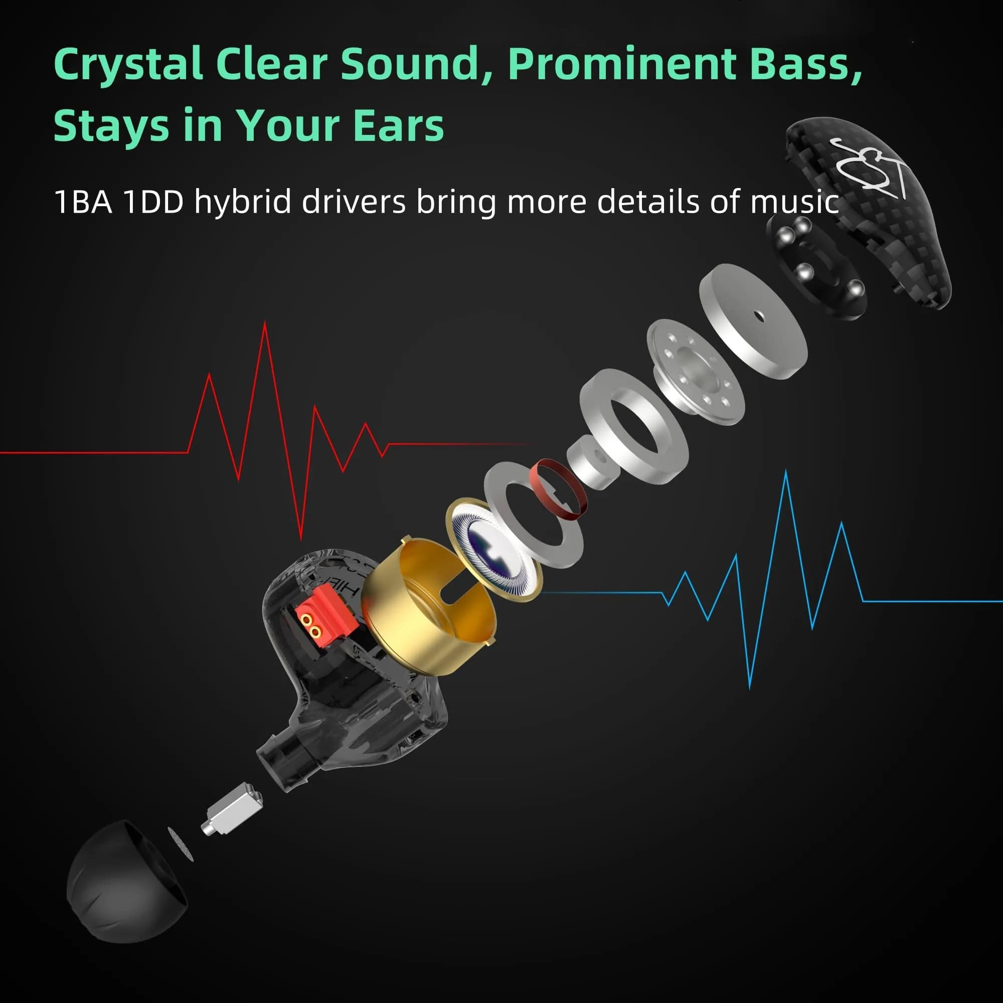 YINYOO KZ-ZST Hybrid In-Ear Earphones 1BA+1DD 10mm (0.39in) with Microphone | HiFi Sound Isolation - view 2