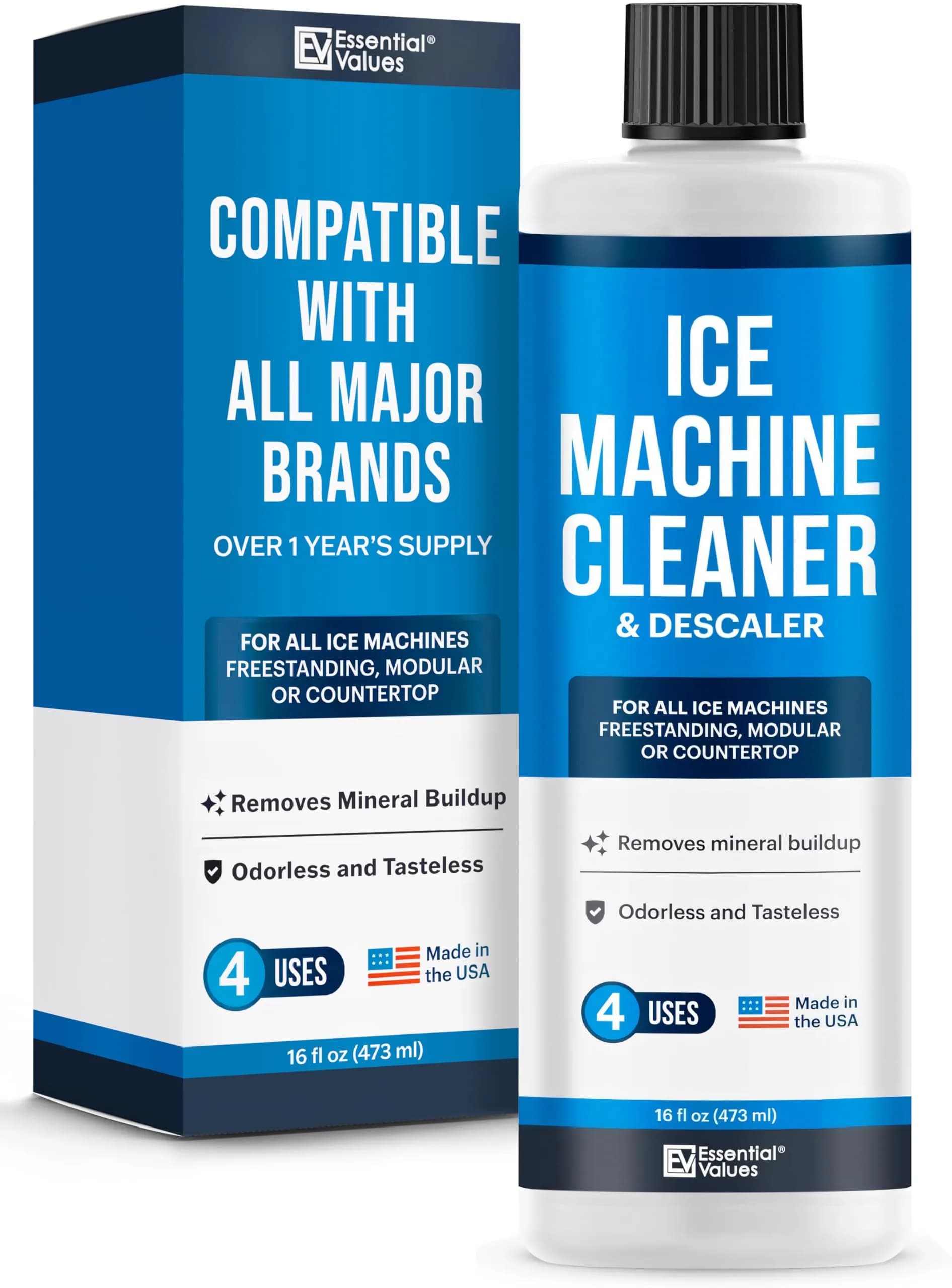 Essential Values Ice Machine Cleaner and Descaler - 16 fl oz Bottle | Nickel Safe Formula for All Ice Makers - main product image