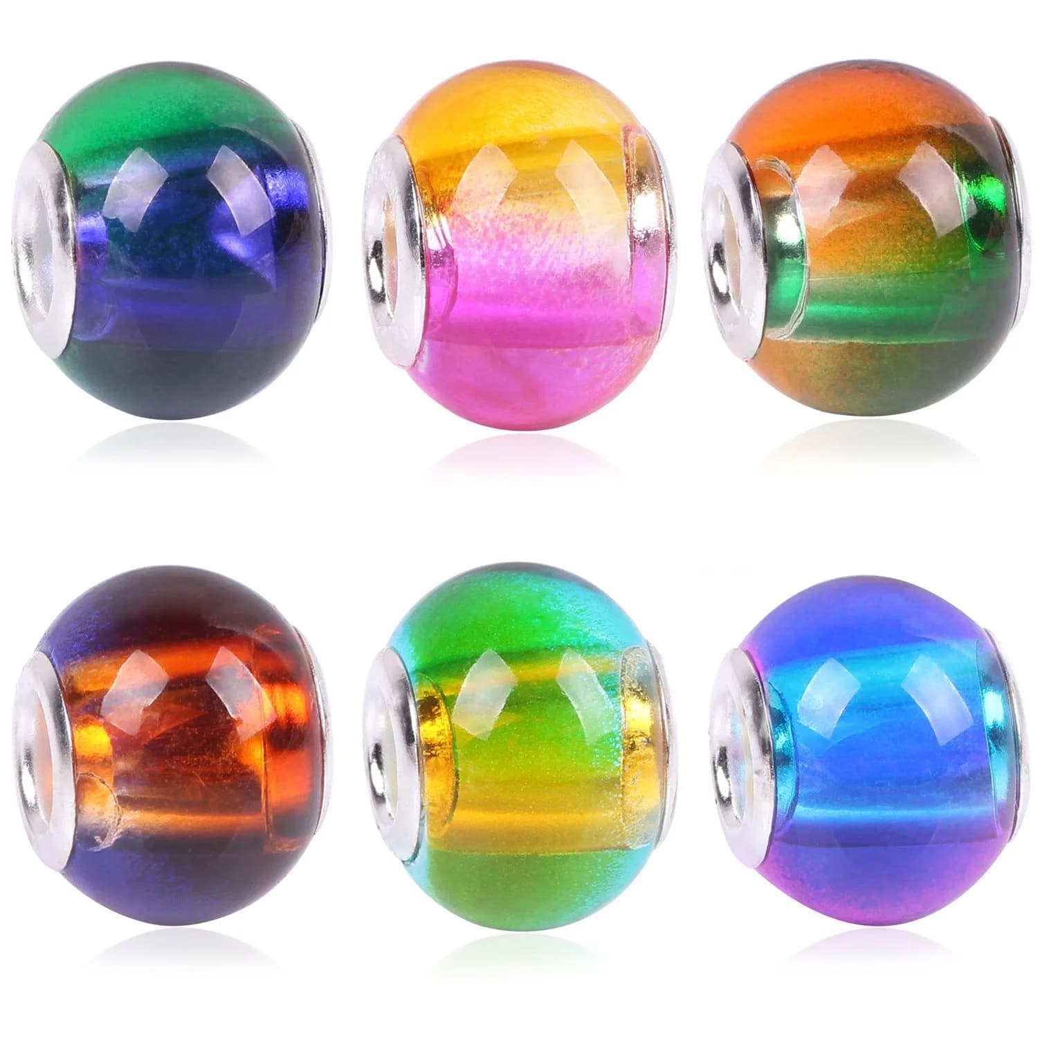 RUBYCA Mix Rainbow Gradient Murano Glass Beads 50pcs | European Charm Bracelet Spacer for DIY Jewelry — Mixed Colors,Silver