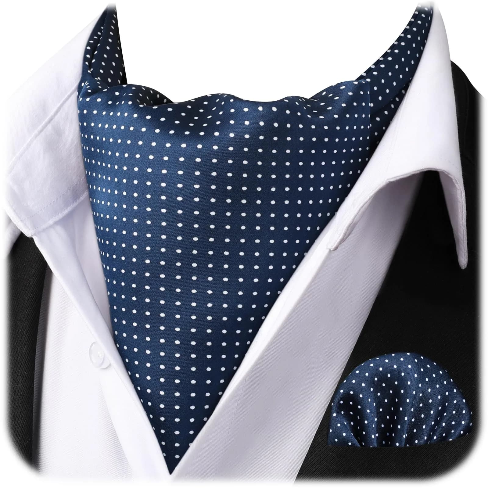HISDERN Men's Blue Polka Dot Ascot Tie and Pocket Square Set | 126cm (49.6") Length - view 2