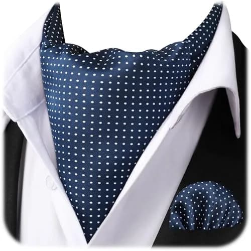 HISDERN Men's Blue Polka Dot Ascot Tie and Pocket Square Set | 126cm (49.6") Length thumbnail 2