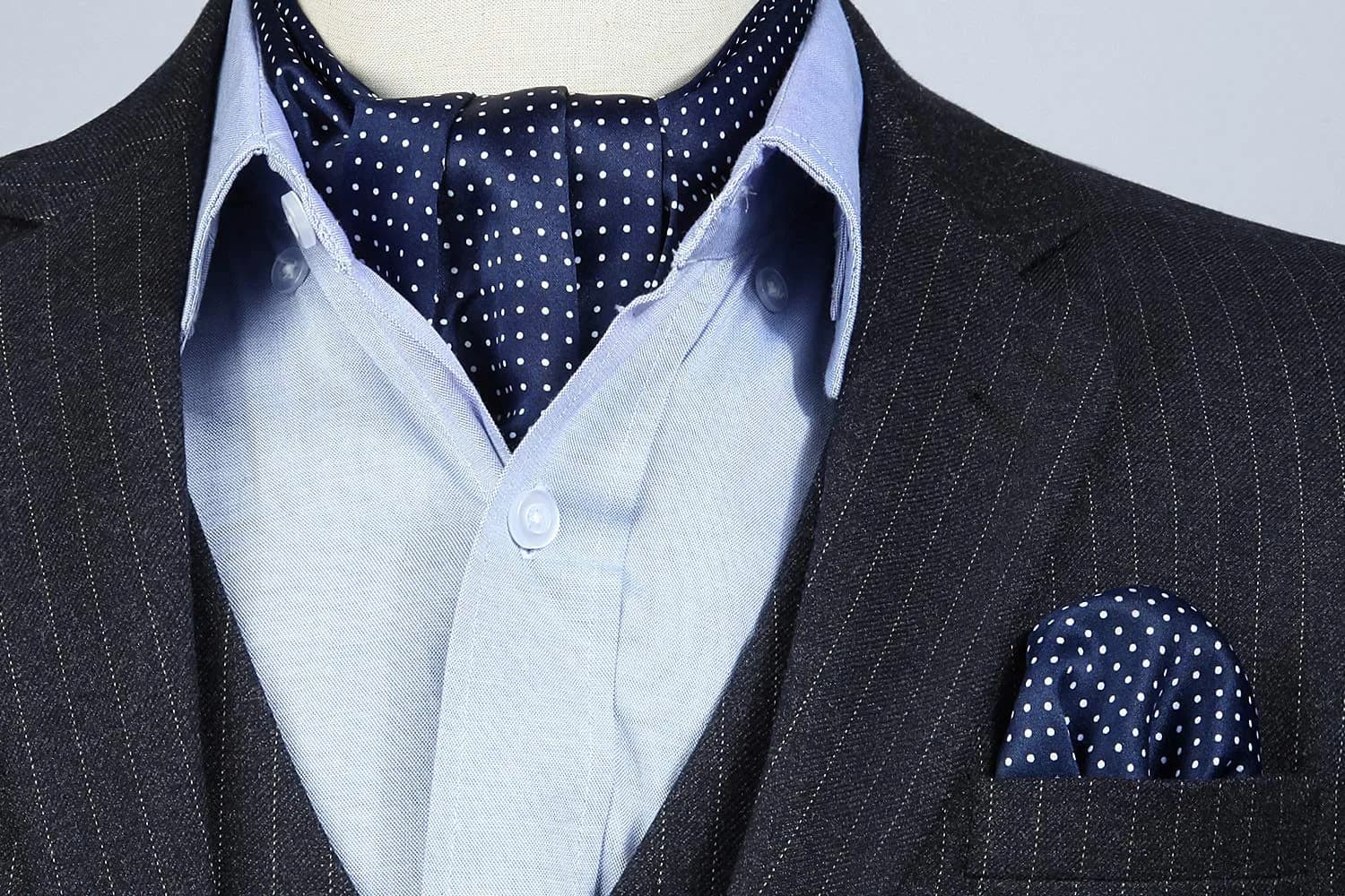HISDERN Men's Blue Polka Dot Ascot Tie and Pocket Square Set | 126cm (49.6") Length - view 3