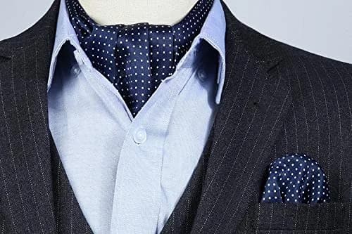 HISDERN Men's Blue Polka Dot Ascot Tie and Pocket Square Set | 126cm (49.6") Length thumbnail 3