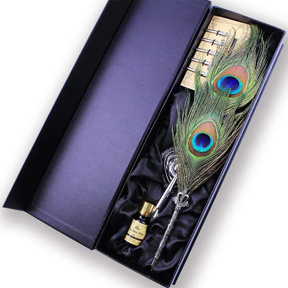 Featty Gifts Antique Natural Peacock Feather Pen Set | 10-Piece Set